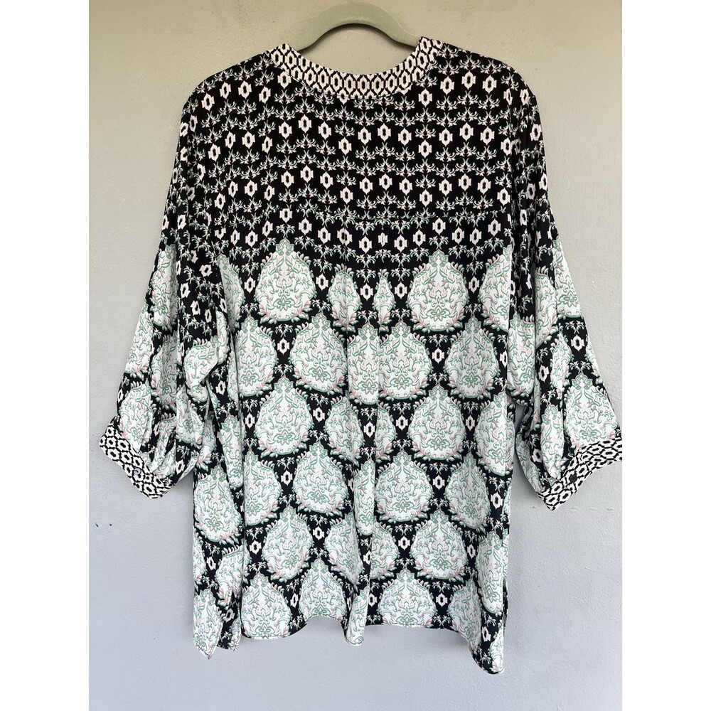 Rose + Olive Blouse 3x Black Green Floral Split Neck Boho Peasant Popover Top - Picture 11 of 15